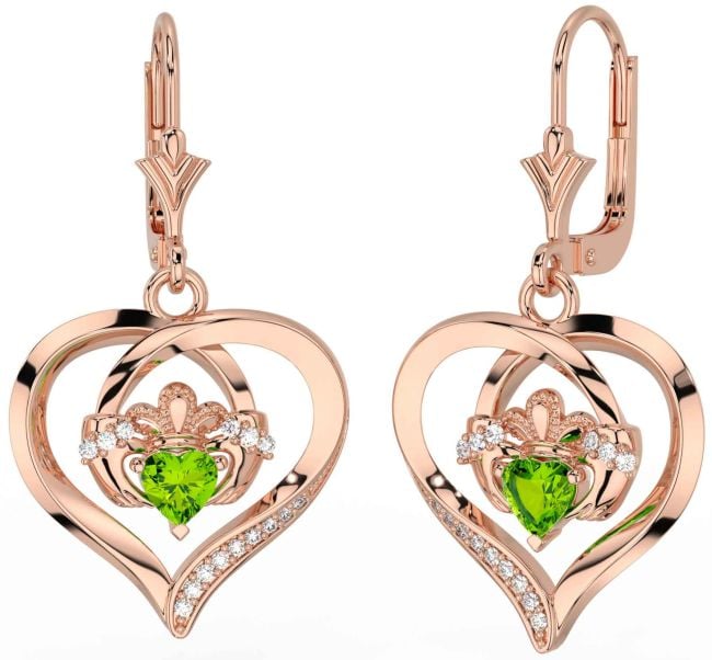 Diamond Peridot Rose Gold Silver Claddagh Heart Dangle Earrings