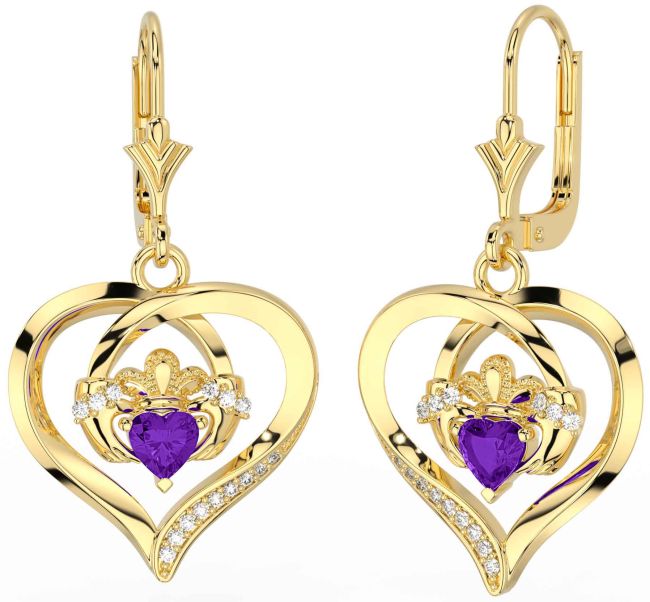 Diamond Amethyst Gold Silver Claddagh Heart Dangle Earrings