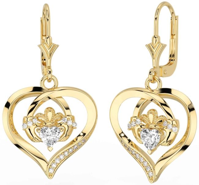Diamond Gold Silver Claddagh Heart Dangle Earrings