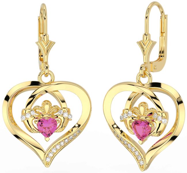 Diamond Pink Tourmaline Gold Silver Claddagh Heart Dangle Earrings