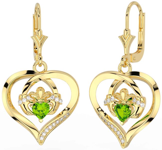 Diamond Peridot Gold Silver Claddagh Heart Dangle Earrings