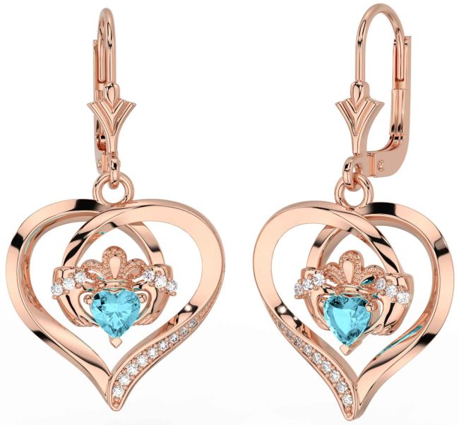 Diamond Aquamarine Rose Gold Claddagh Heart Dangle Earrings