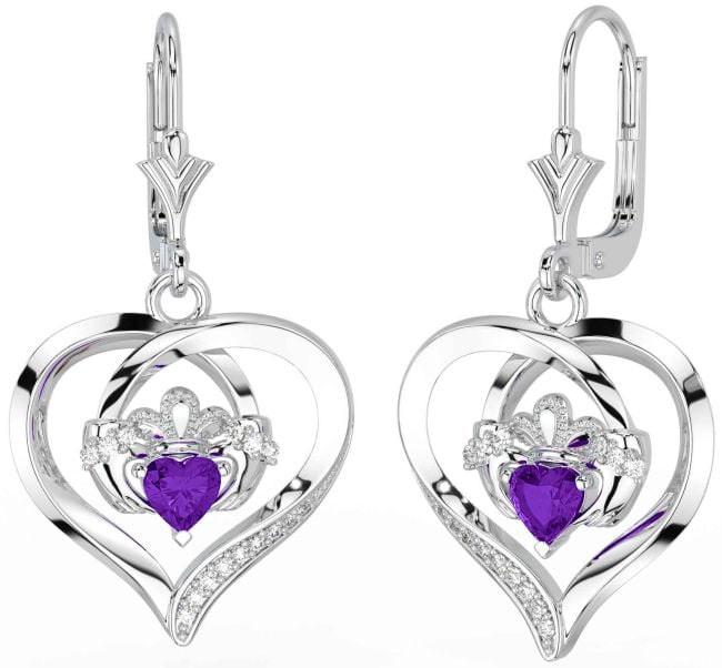 Diamond Amethyst Silver Claddagh Heart Dangle Earrings