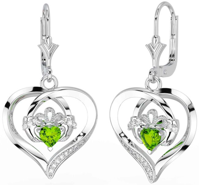 Diamond Peridot Silver Claddagh Heart Dangle Earrings