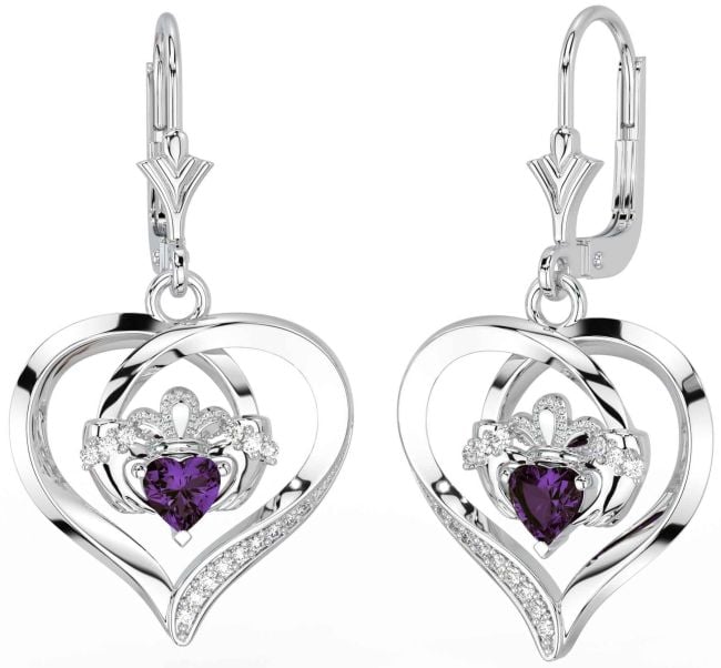 Diamond Alexandrite White Gold Claddagh Heart Dangle Earrings