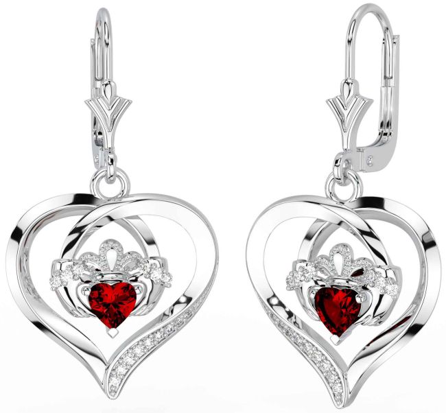 Diamond Garnet White Gold Claddagh Heart Dangle Earrings