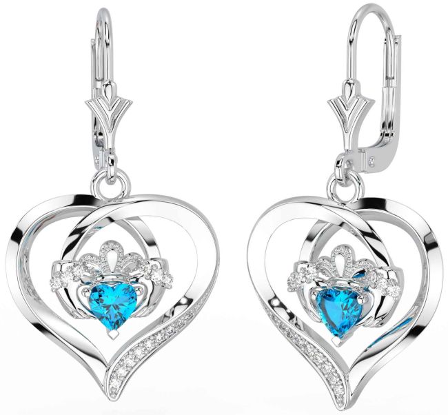 Diamond Topaz White Gold Claddagh Heart Dangle Earrings