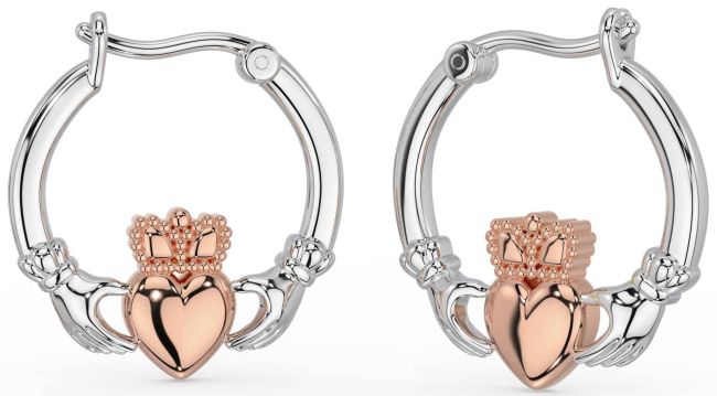White Rose Gold Claddagh Dangle Earrings