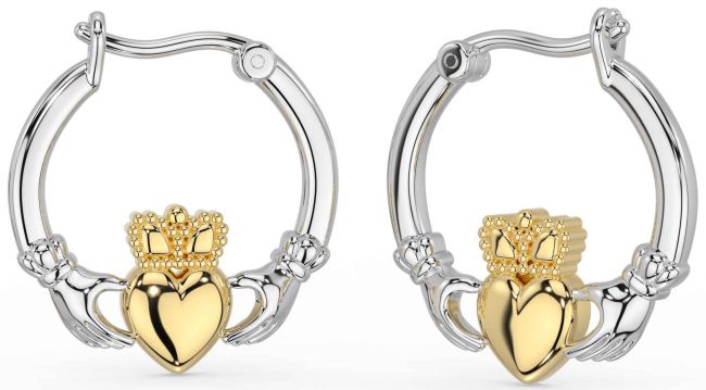 White Yellow Gold Claddagh Dangle Earrings