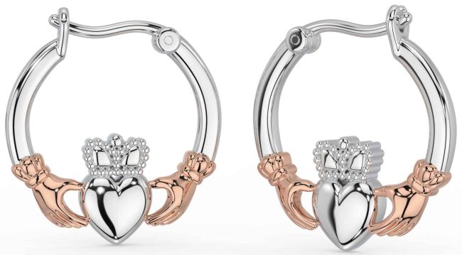 Rose Gold Silver Claddagh Dangle Earrings