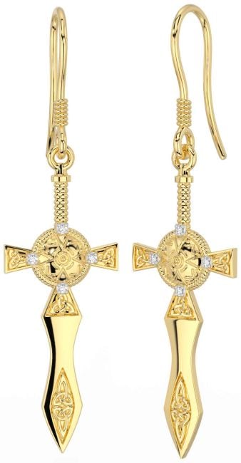 Diamond Gold Silver Celtic Cross Warrior Trinity Knot Dangle Earrings