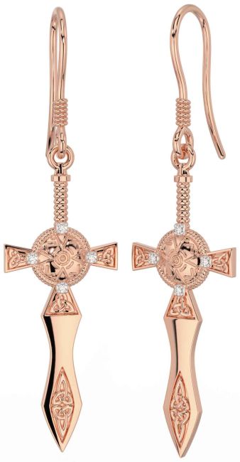 Diamond Rose Gold Celtic Cross Warrior Trinity Knot Dangle Earrings