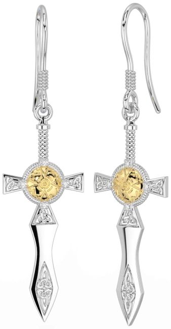 Diamond White Yellow Gold Celtic Cross Warrior Trinity Knot Dangle Earrings