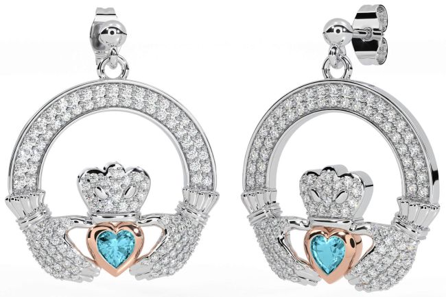 Diamante Aguamarina Rosa Oro Plata Claddagh Colgar Pendientes