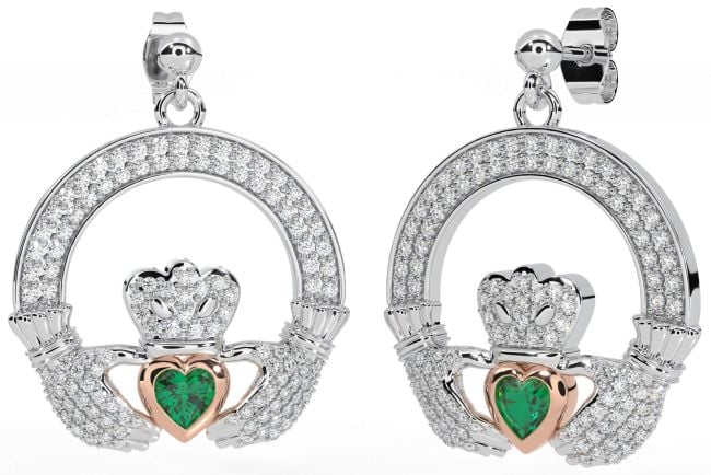 Diamond Emerald Rose Gold Silver Claddagh Dangle Earrings