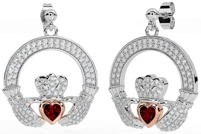 Diamant Grenat Rose Or Argent Claddagh Pendre Des boucles d'oreilles