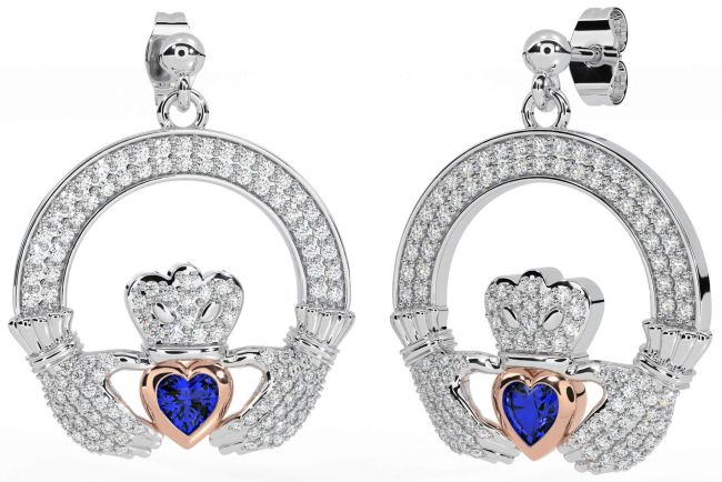 Diamond Sapphire Rose Gold Silver Claddagh Dangle Earrings