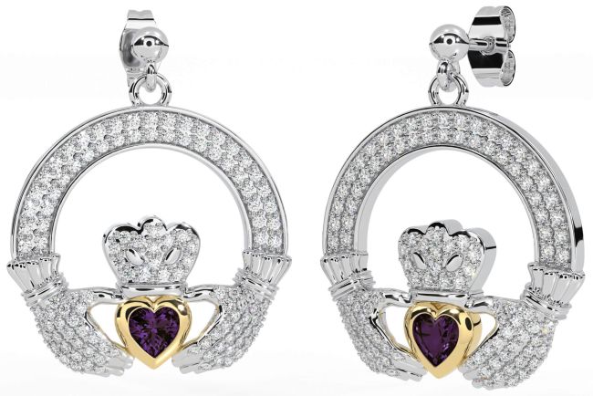 Diamond Alexandrite Gold Silver Claddagh Dangle Earrings