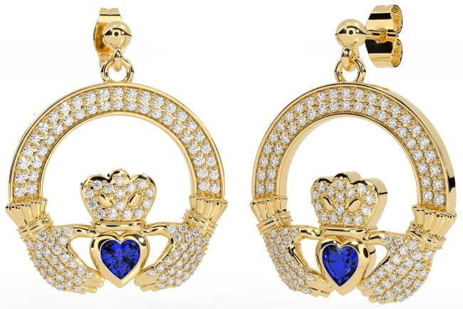 Diamond Sapphire Gold Silver Claddagh Dangle Earrings