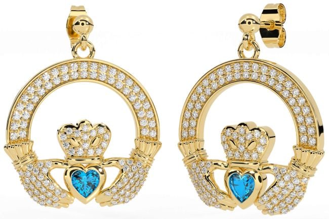 Diamond Topaz Gold Silver Claddagh Dangle Earrings