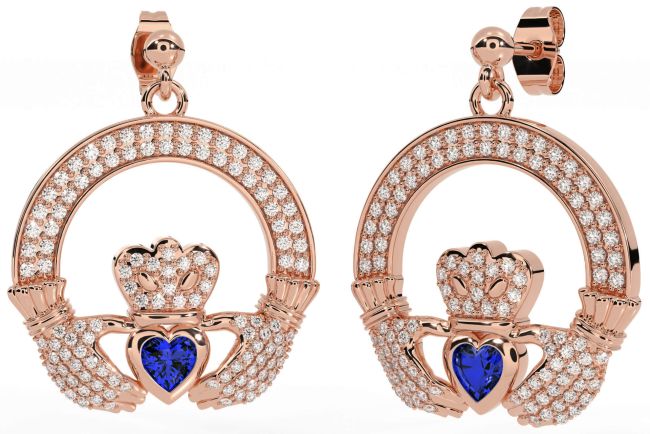 Diamond Sapphire Rose Gold Claddagh Dangle Earrings