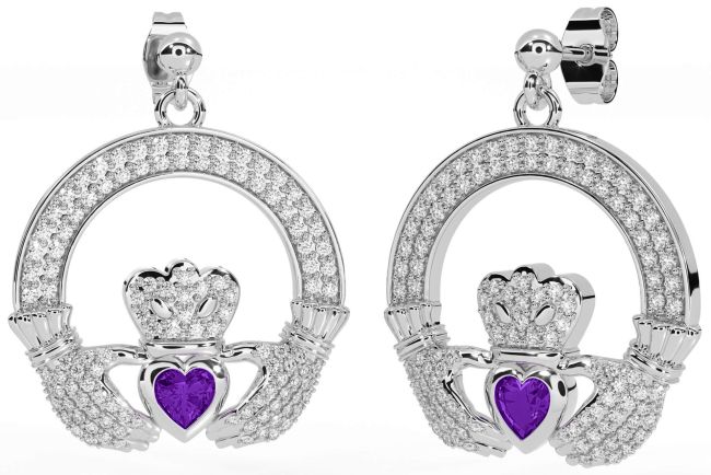 Diamond Amethyst Silver Claddagh Dangle Earrings