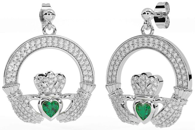 Diamond Emerald Silver Claddagh Dangle Earrings