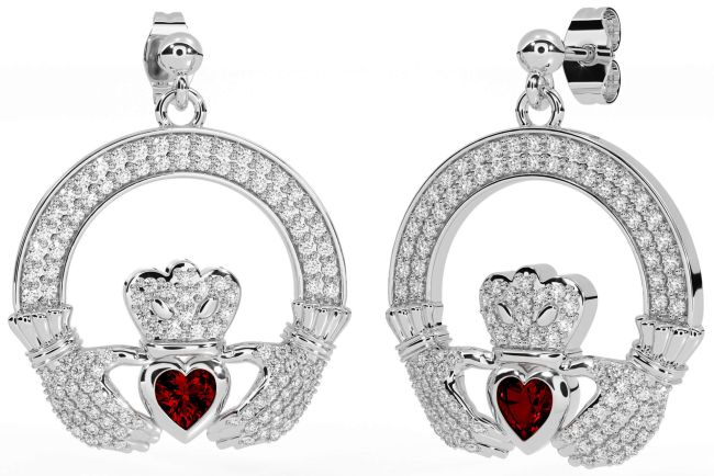 Diamond Garnet Silver Claddagh Dangle Earrings