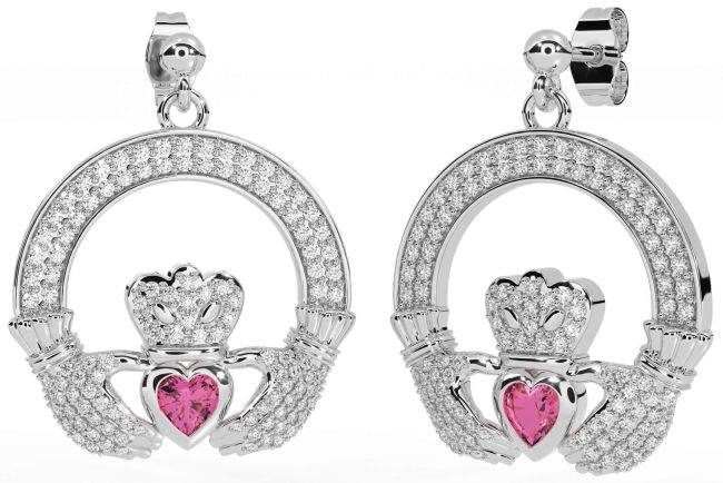 Diamond Pink Tourmaline Silver Claddagh Dangle Earrings