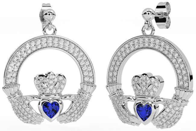 Diamond Sapphire Silver Claddagh Dangle Earrings