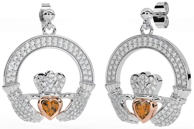 Diamond Citrine Rose Gold Silver Claddagh Dangle Earrings