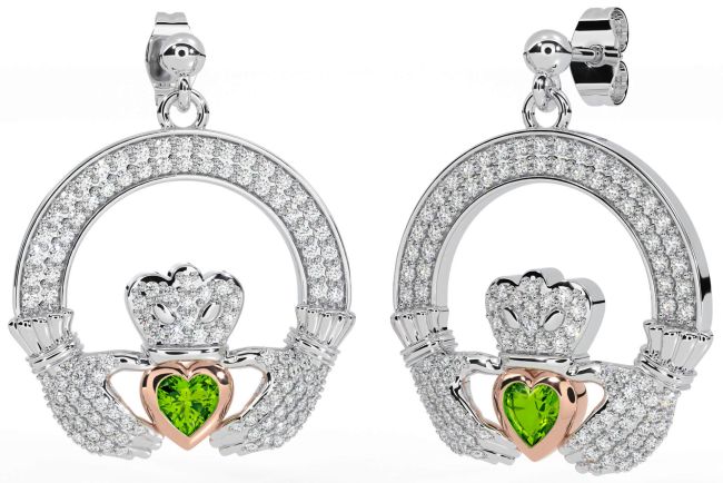 Diamond Peridot Rose Gold Silver Claddagh Dangle Earrings