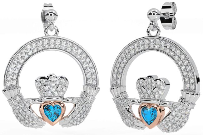 Diamond Topaz Rose Gold Silver Claddagh Dangle Earrings