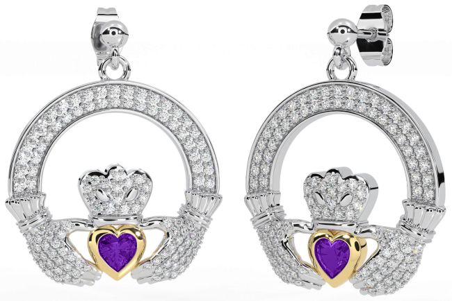 Diamond Amethyst Gold Silver Claddagh Dangle Earrings