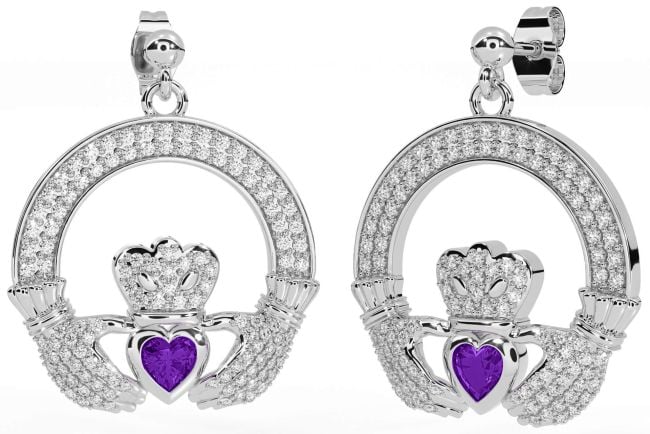 Diamond Amethyst White Gold Claddagh Dangle Earrings