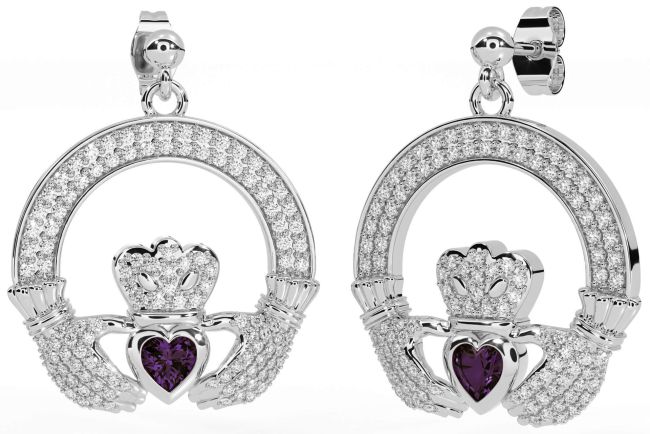 Diamond Alexandrite White Gold Claddagh Dangle Earrings