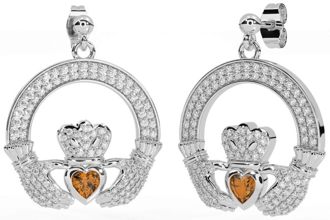 Diamond Citrine White Cercei de aur Claddagh Dangle