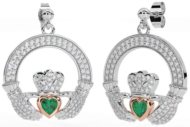 Diamond Emerald White Rose Gold Claddagh Dangle Earrings