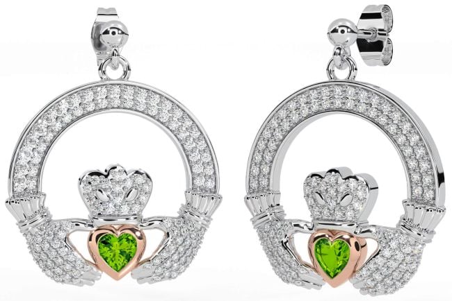 Diamond Peridot White Rose Gold Claddagh Dangle Earrings