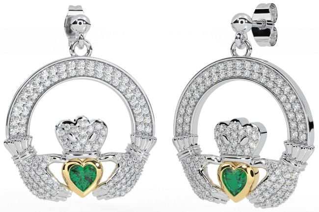 Diamond Emerald White Yellow Gold Claddagh Dangle Earrings