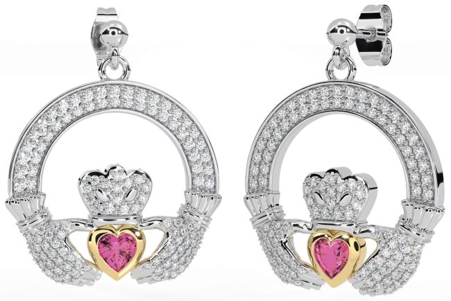 Turmalina roz diamant Claddagh Dangle din aur alb galben Cercei