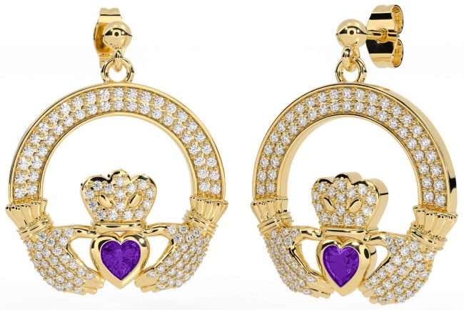 Diamond Amethyst Gold Claddagh Dangle Earrings