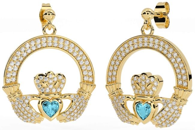 Diamond Aquamarine Gold Claddagh Dangle Earrings