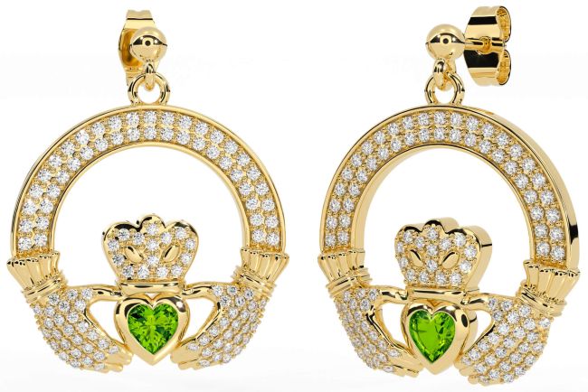 Diamond Peridot Gold Claddagh Dangle Earrings