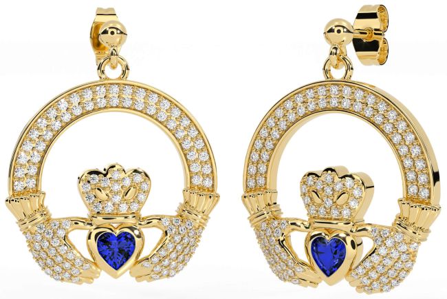 Diamond Sapphire Gold Claddagh Dangle Earrings