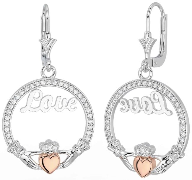 Diamond Rose Gold Silver Claddagh Dangle Earrings