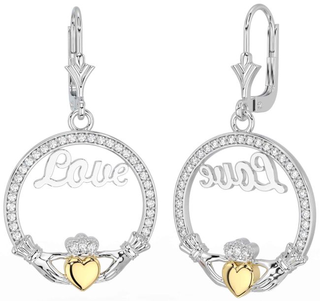 Diamond Gold Silver Claddagh Dangle Earrings