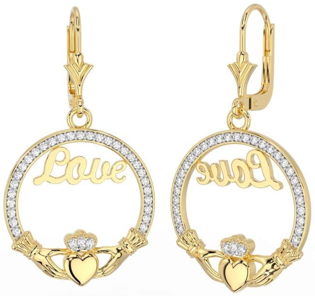 Diamond Gold Silver Claddagh Dangle Earrings