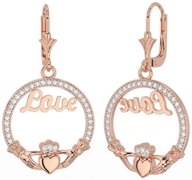 Diamond Rose Gold Claddagh Dangle Earrings