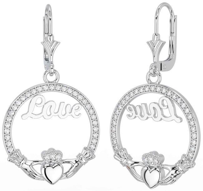 Diamond Silver Claddagh Dangle Earrings